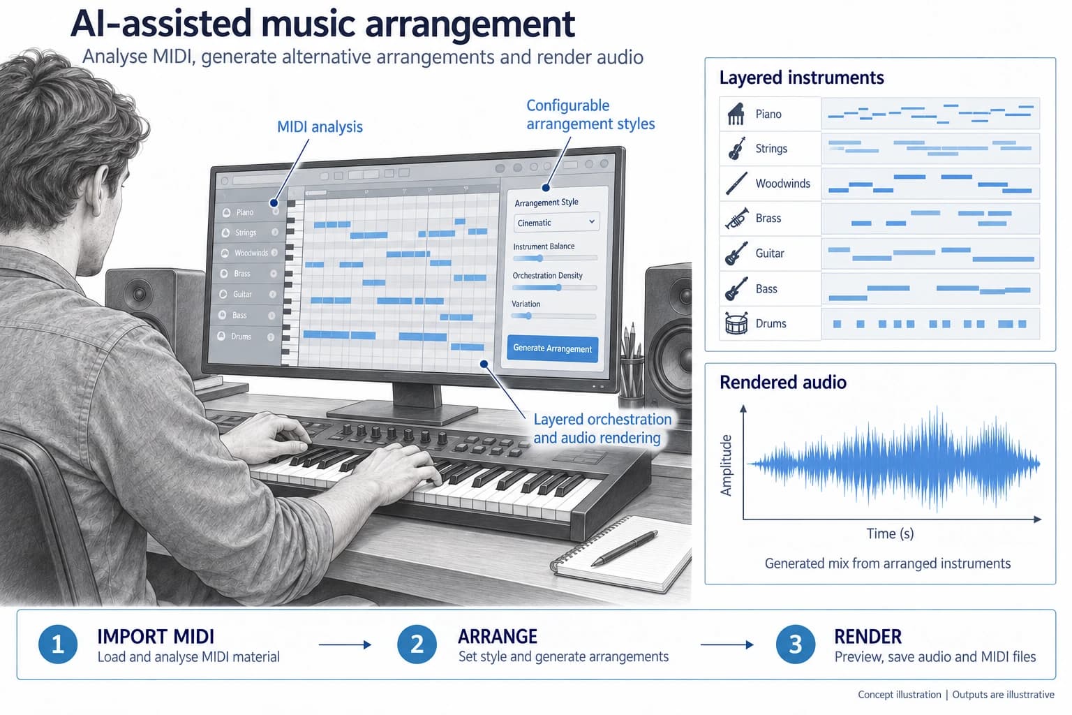Technical concept illustration showing the functions and outputs of AI-Assisted Music Arrangement Research