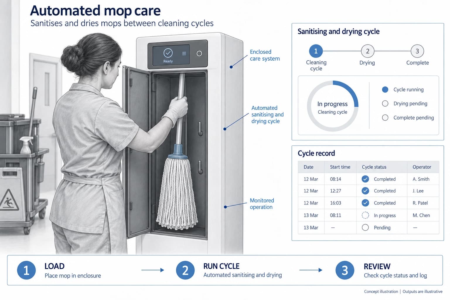 Technical concept illustration showing the functions and outputs of Automated Mop Sanitising and Drying