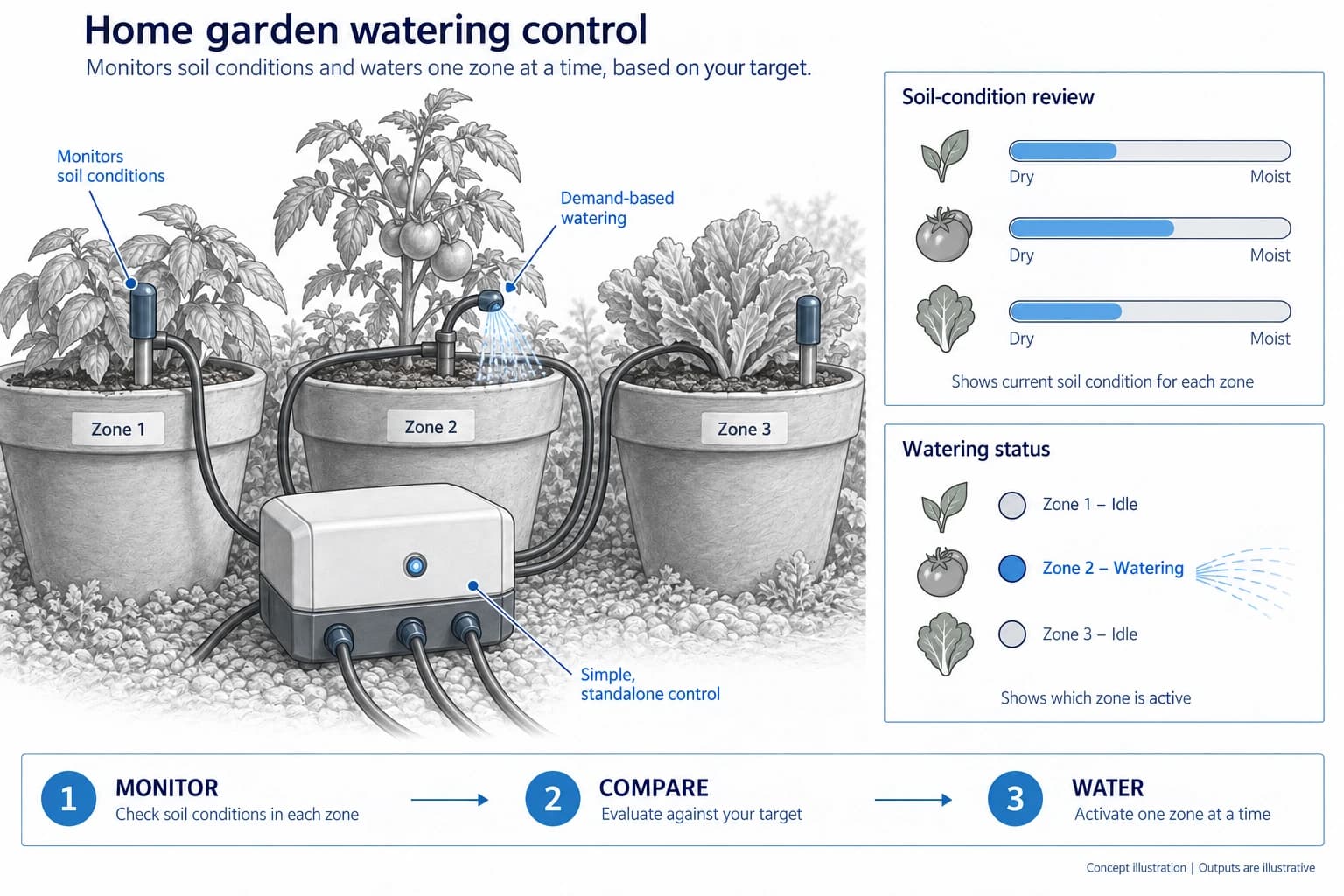 Technical concept illustration showing the functions and outputs of Cost-Effective Home Garden Automation