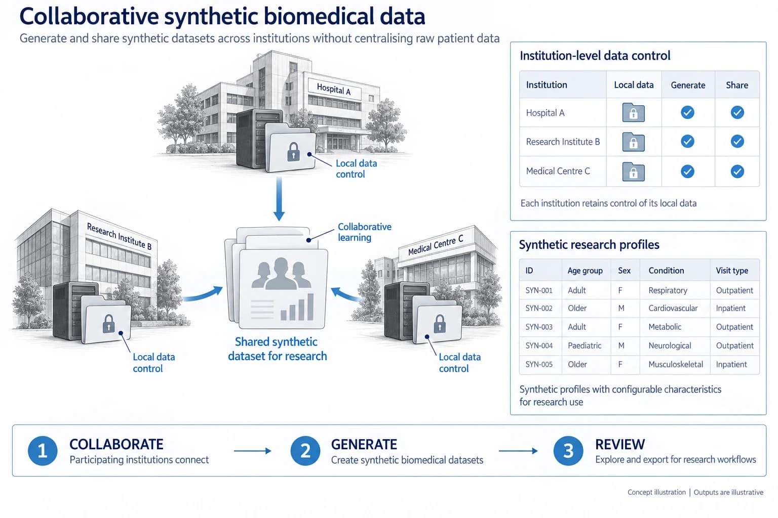 Technical concept illustration showing the functions and outputs of Federated Synthetic Biomedical Data Generation