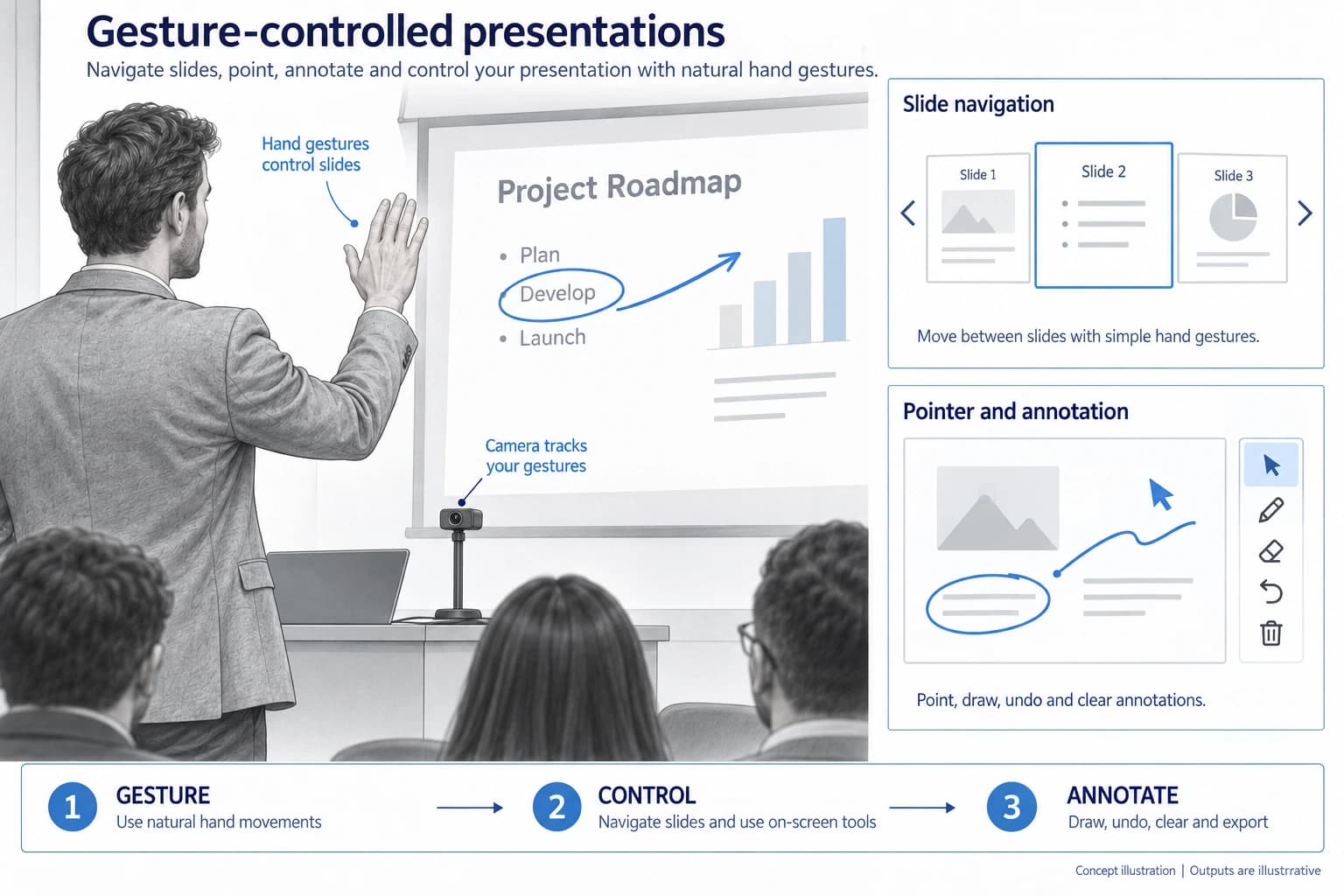 Technical concept illustration showing the functions and outputs of Gesture-Controlled Presentation and Annotation
