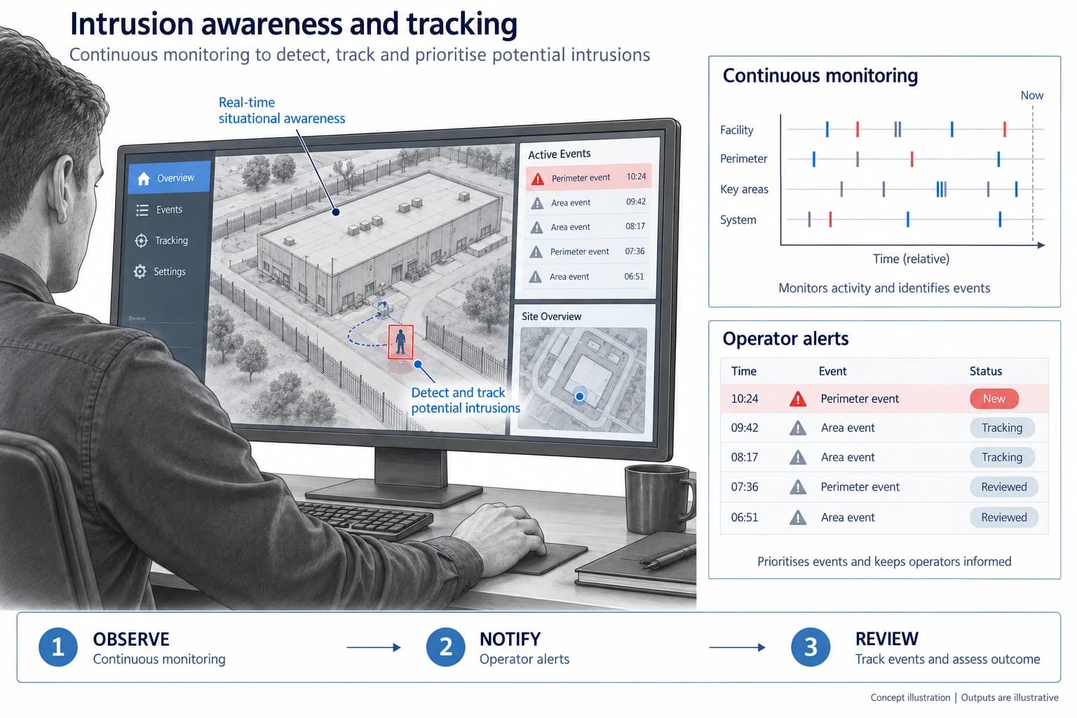 Technical concept illustration showing the functions and outputs of Intelligent Intrusion Detection and Target Tracking