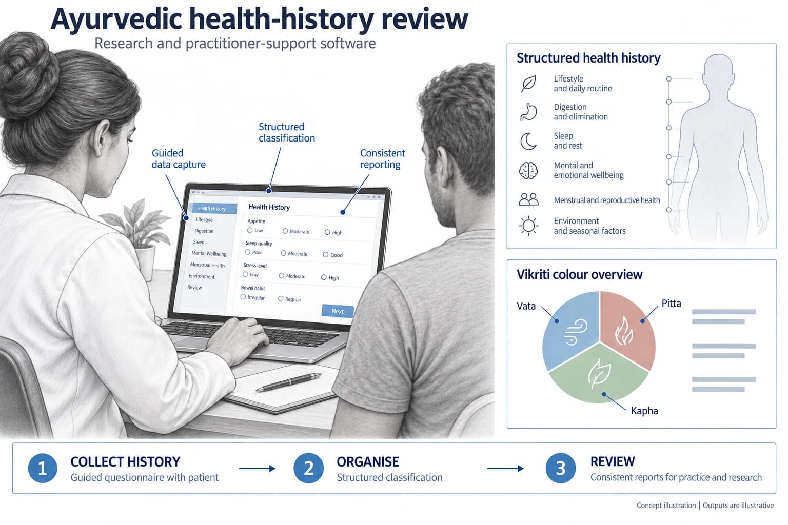 Technical concept illustration showing the functions and outputs of Ayurvedic health-history diagnosis with Vikriti colour model