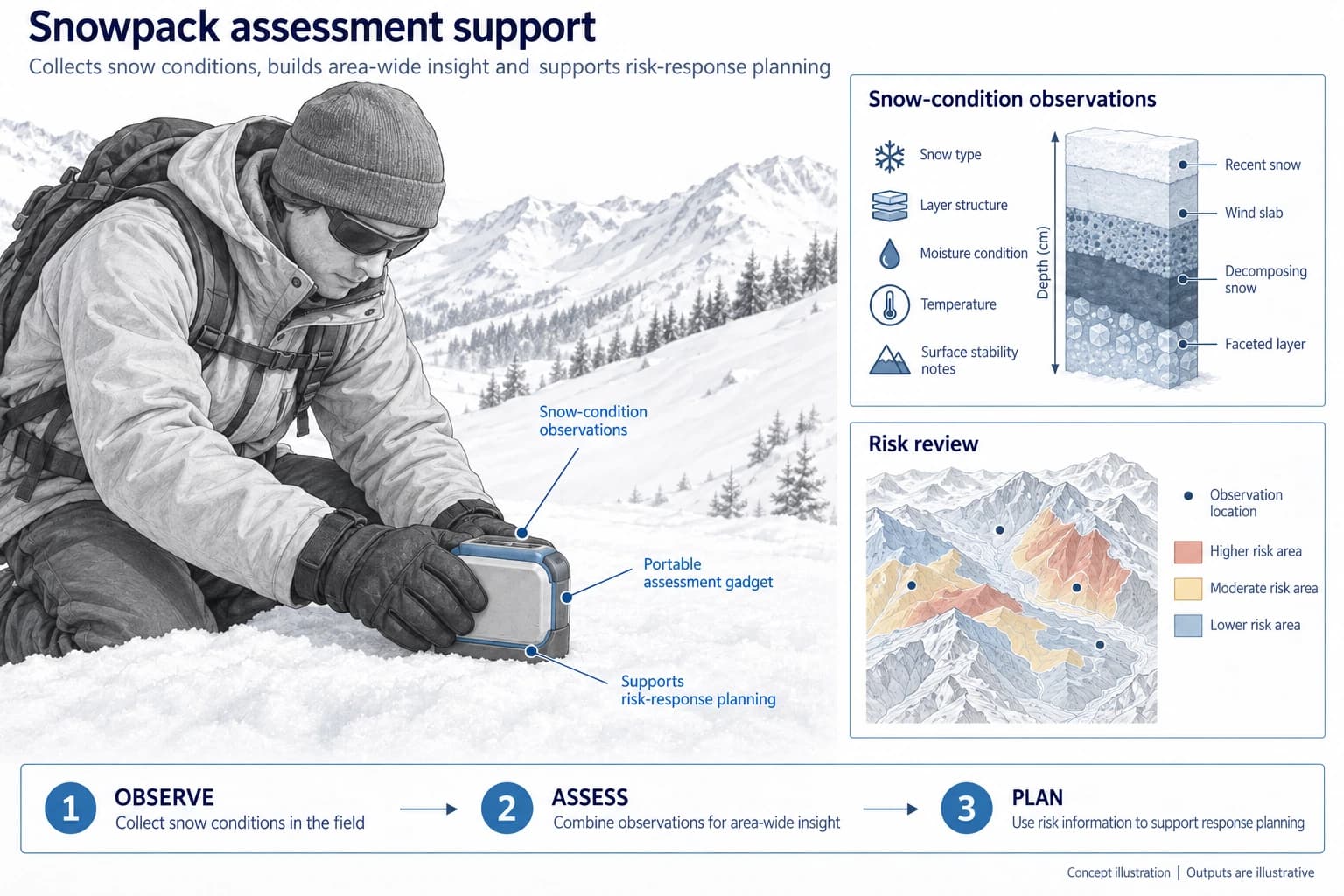 Technical concept illustration showing the functions and outputs of Snowpack assessment and avalanche mitigation