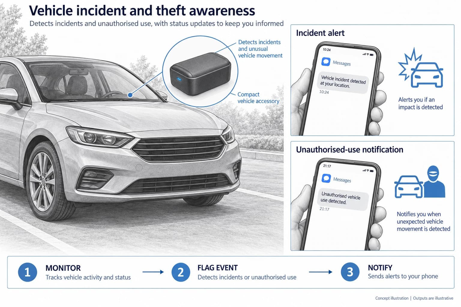 Technical concept illustration showing the functions and outputs of Automated Vehicle Accident and Theft Prevention Device
