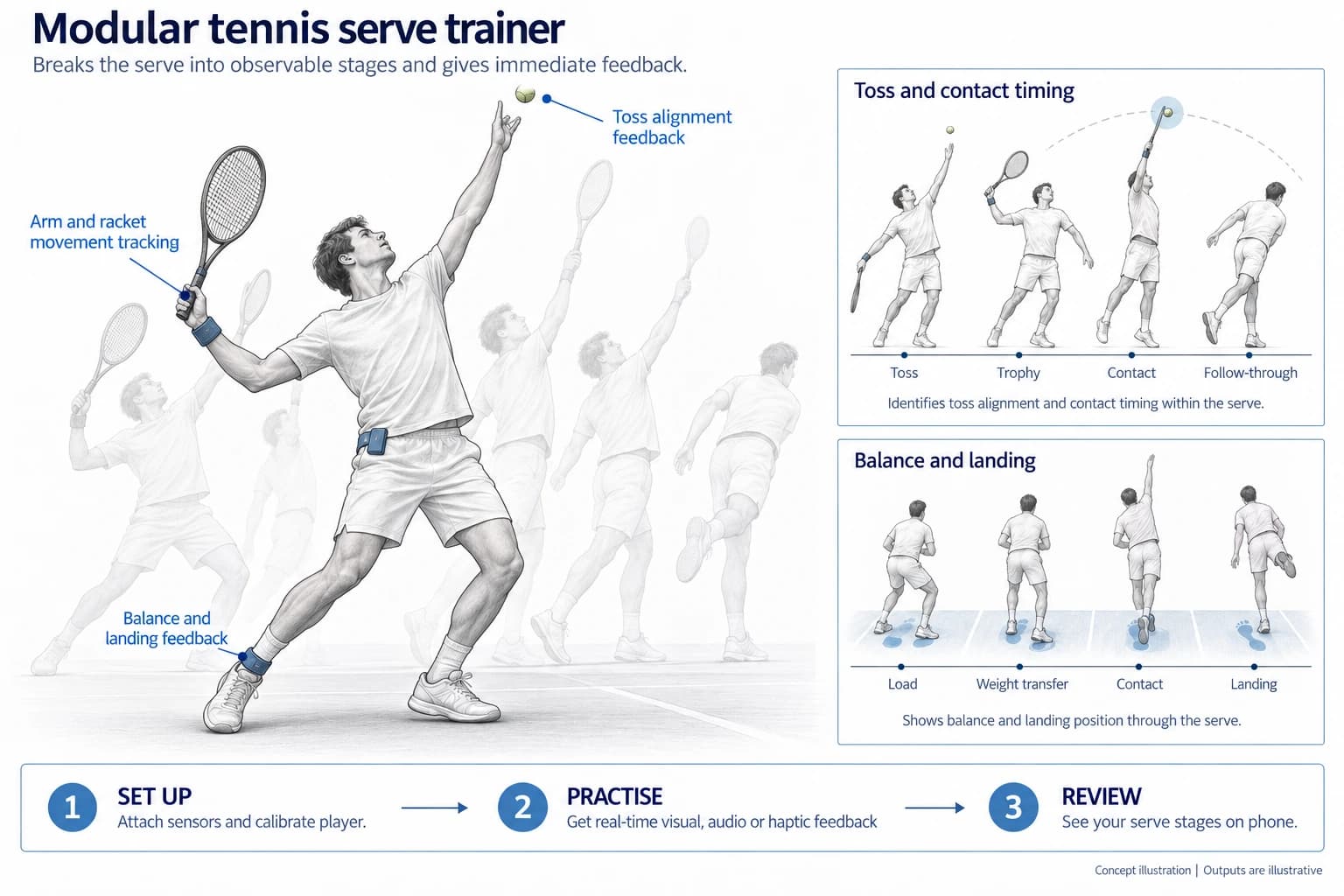 Technical concept illustration showing the functions and outputs of Modular Tennis Serve Trainer