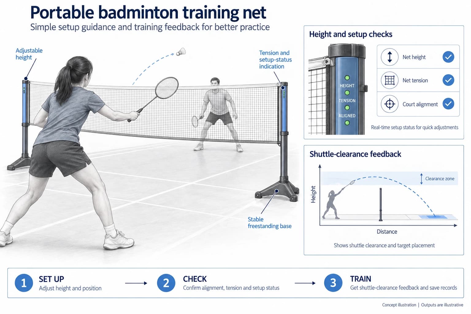 Technical concept illustration showing the functions and outputs of Portable Badminton Net and Training Feedback