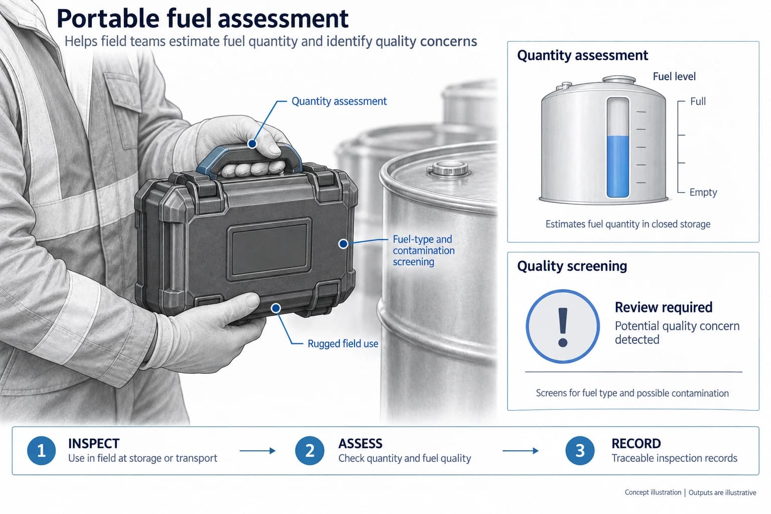 Technical concept illustration showing the functions and outputs of Portable Fuel Quantity and Quality Assessment