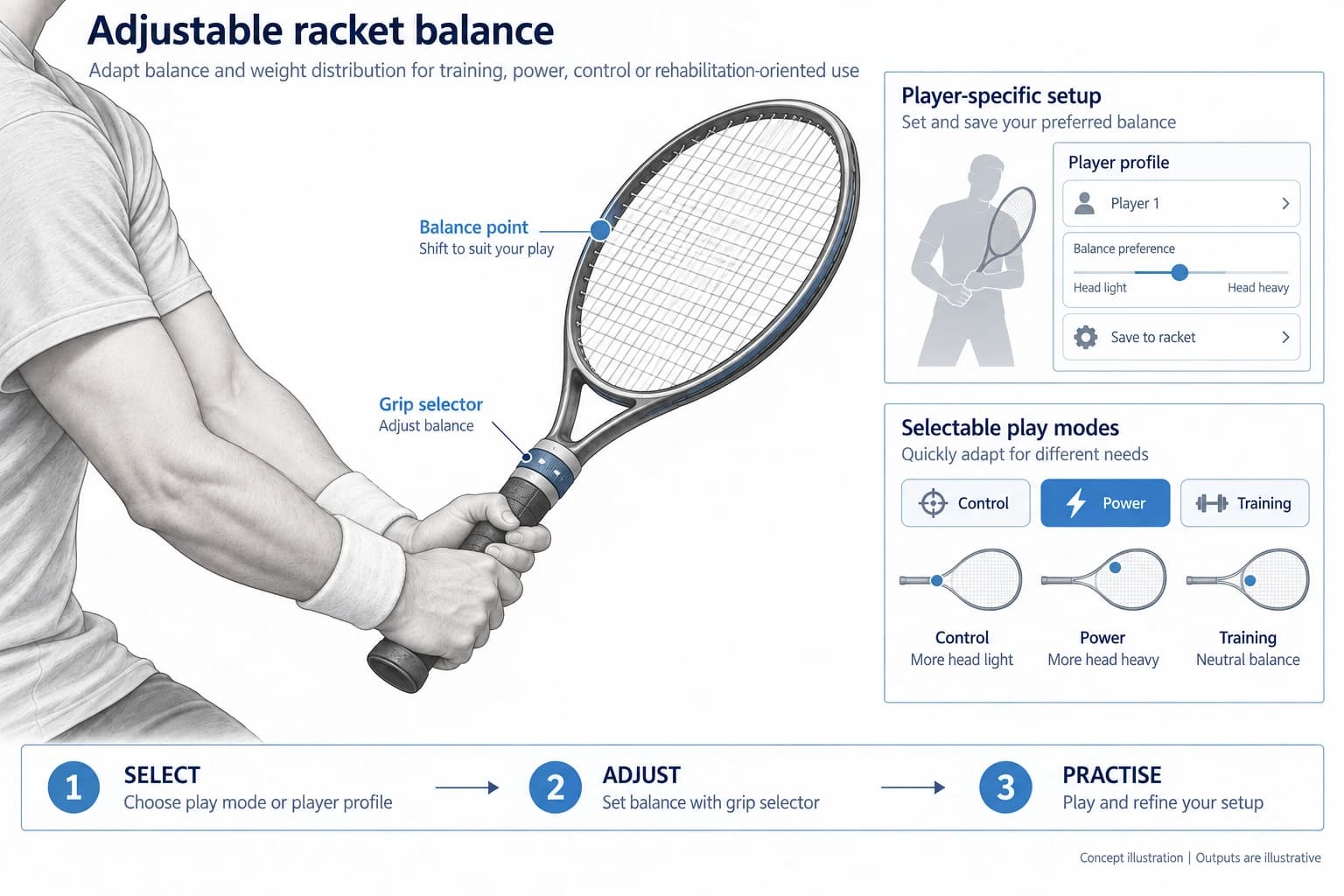 Technical concept illustration showing the functions and outputs of Real-Time Adjustable Racket Balance