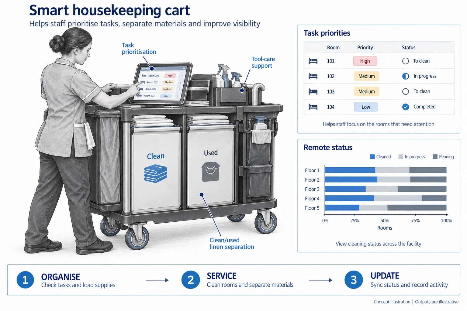 Technical concept illustration showing the functions and outputs of Smart Housekeeping Cart