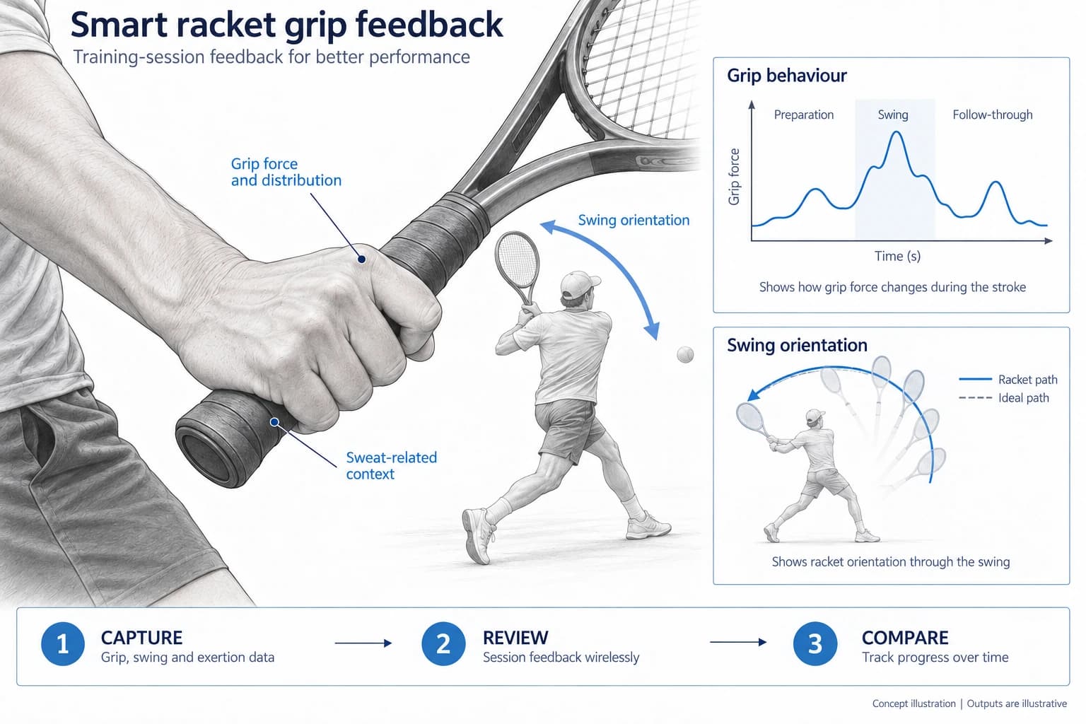 Technical concept illustration showing the functions and outputs of Smart Racket Grip Dynamics and Player Feedback