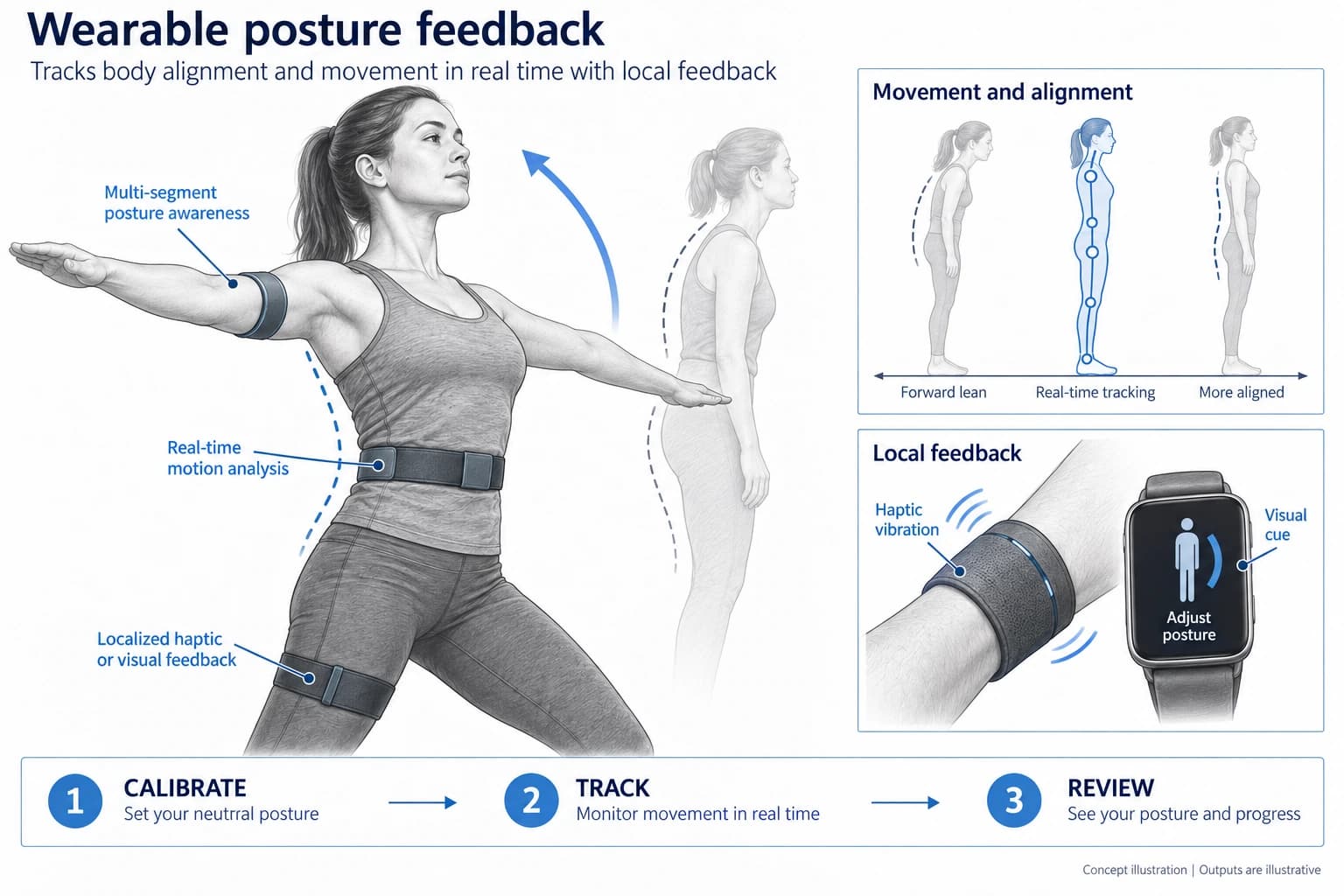 Technical concept illustration showing the functions and outputs of Wearable Posture Analysis and Feedback