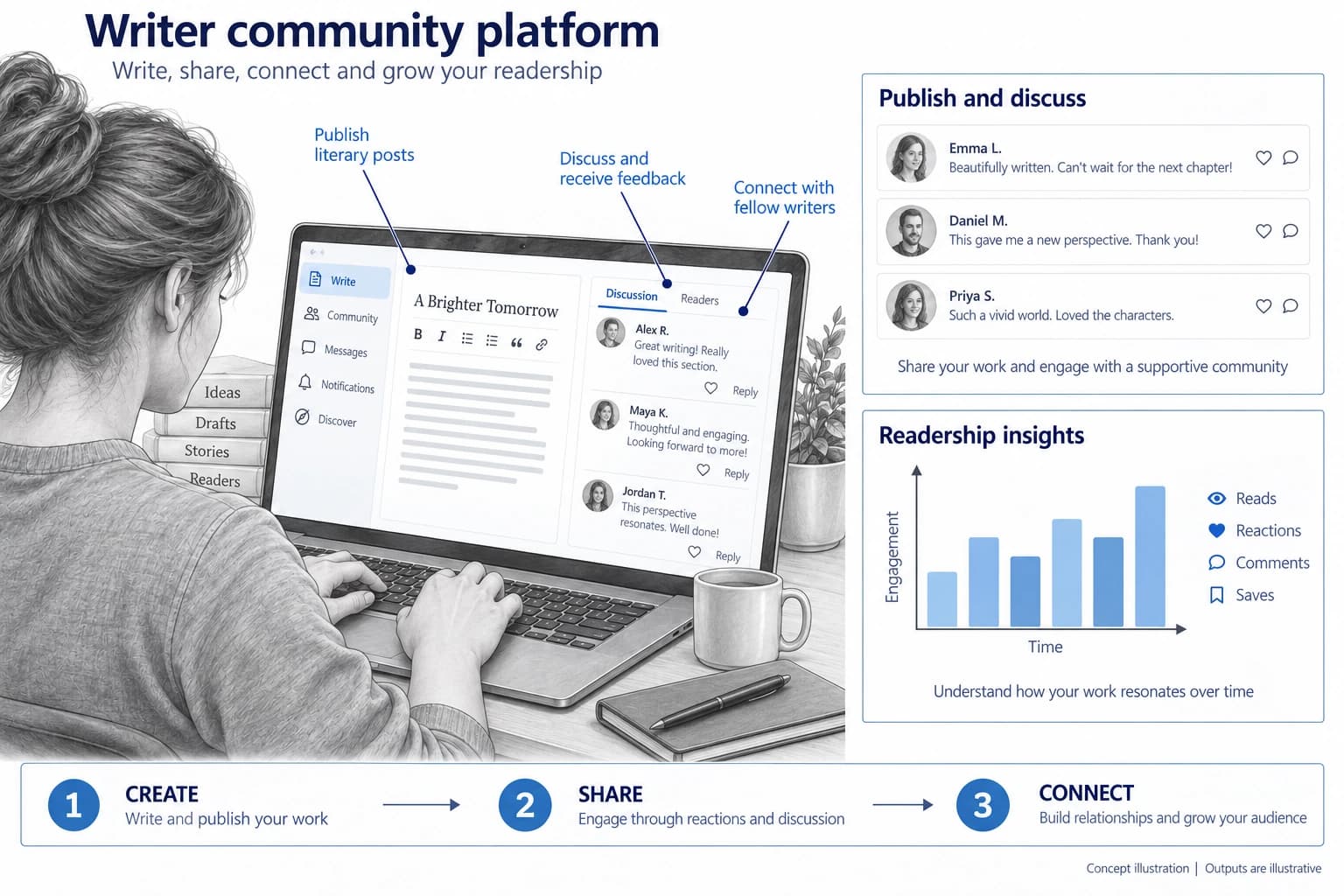 Technical concept illustration showing the functions and outputs of Writer Community Platform
